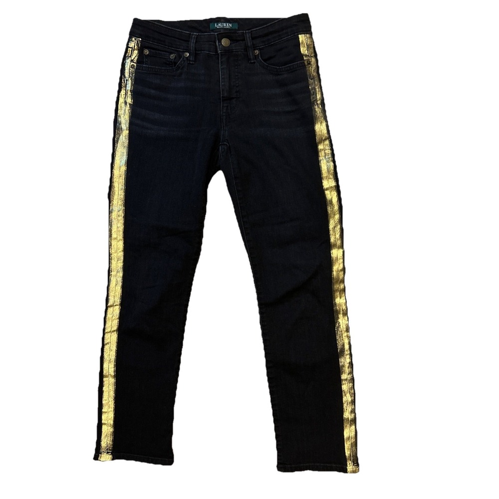 Ralph Lauren Black Gold‎ Side Strip Black Denim Straight Ankle Jeans 2 Stretchy